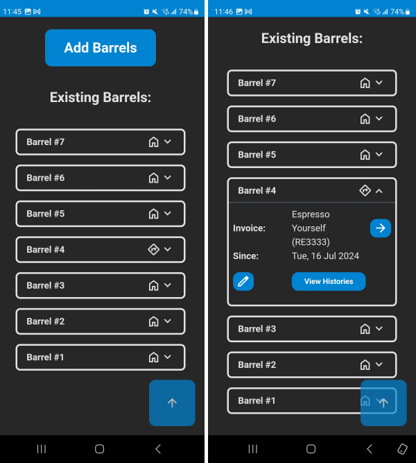 Screenshots of the the menu to manage barrels