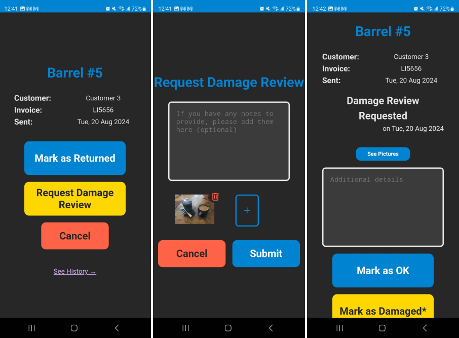 Screenshots of the return menu, how to request damage review, and the view of the damage review.
