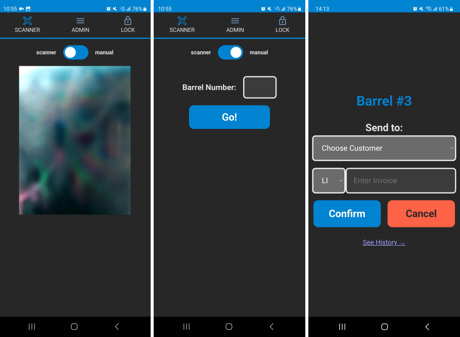 Screenshots of the camera scanner, barrel manual input, and the form to release a barrel.