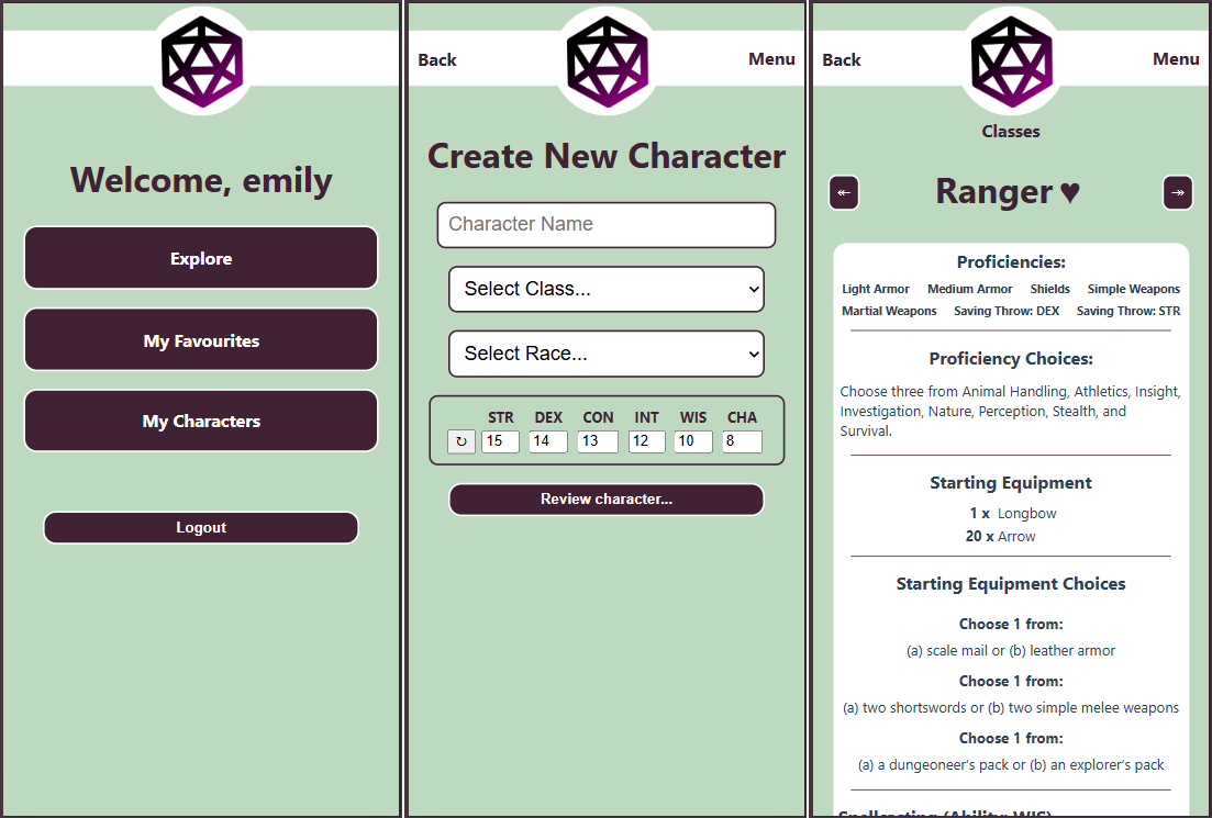 Example screenshots of the homepage, create new character page, and showing a ranger class in an explore page.