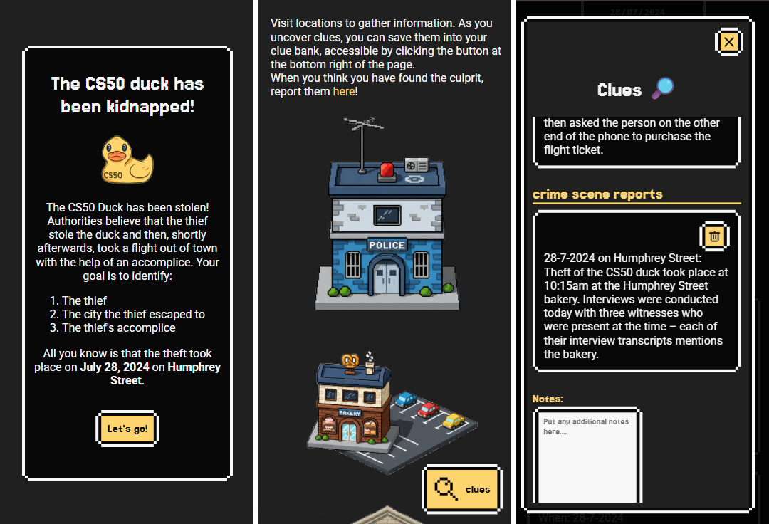Example screenshot the homepage, the map, and the clues modal