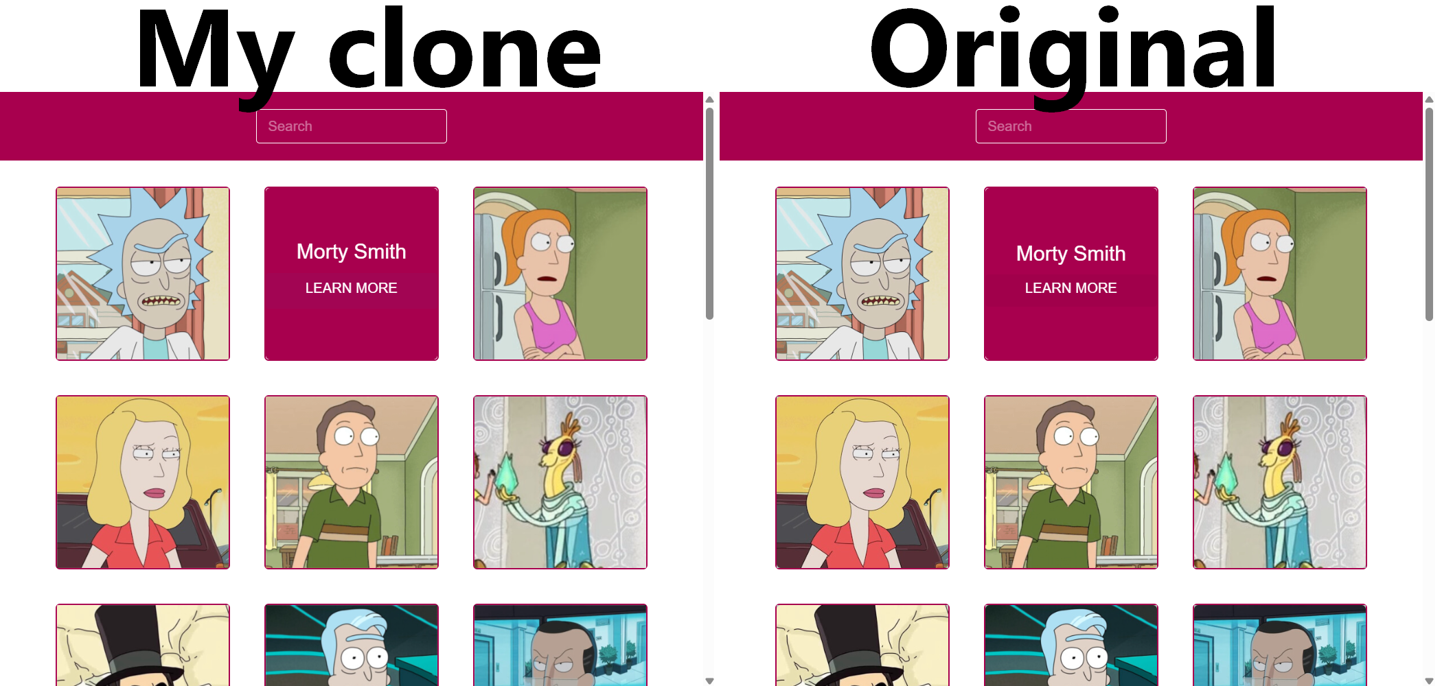 Side-by-side comparison of my clone and the original example projects.