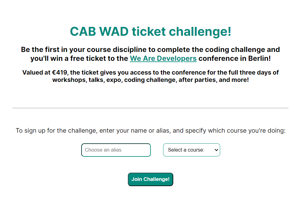 screenshot of the landing page with the form to sign up